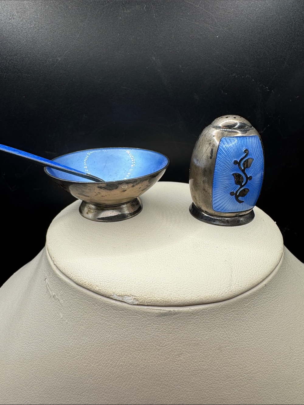 Vtg Volmer Bahner Silver 925 Denmark Guilloché Salt Spoon Bowl & Shaker Set